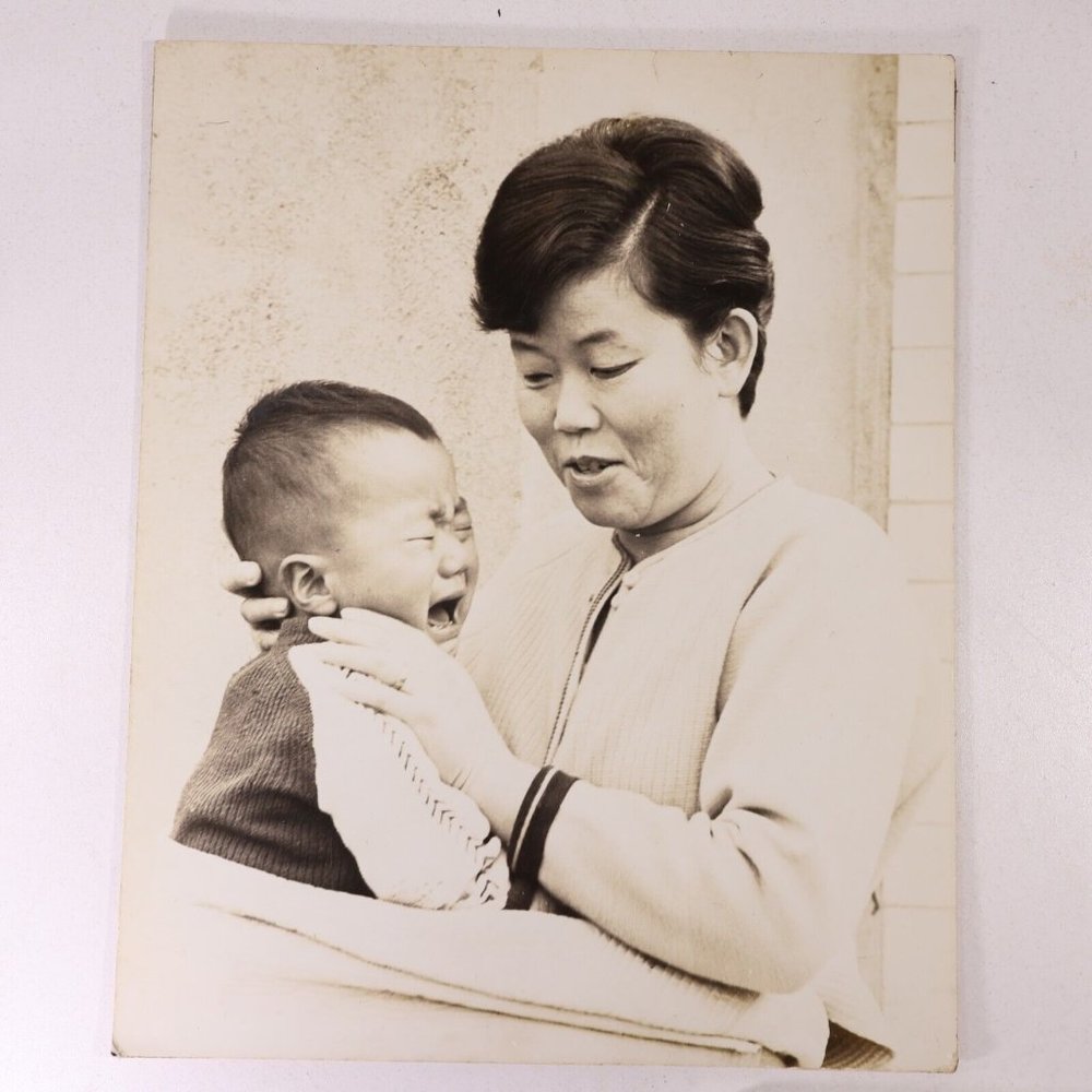 1969 South Korean Mom Comforting Son Photograph on Cardstock 9.75x11.75"